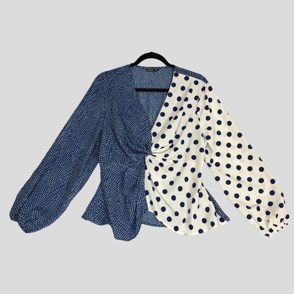 Shein Curve Polkadot Blouse 0XL Polyester Blue Twist Front Long Sleeve Shirt - Picture 1 of 12